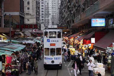 tram in a Hong Kong's market